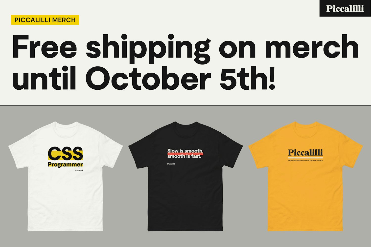 The text "Free shipping on merch until October 5th!", followed by some merch samples