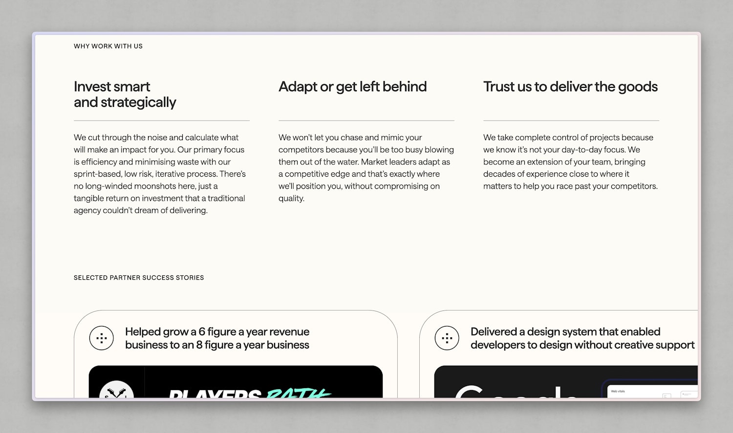 The “Why work with us” section on the Set Studio site contains a three-column layout explaining the agency’s value proposition. The three bold, black subheadings read: “Invest smart and strategically,” “Adapt or get left behind,” and “Trust us to deliver the goods.” Each is followed by a brief paragraph highlighting the agency’s efficient process, competitive positioning, and reliable delivery.