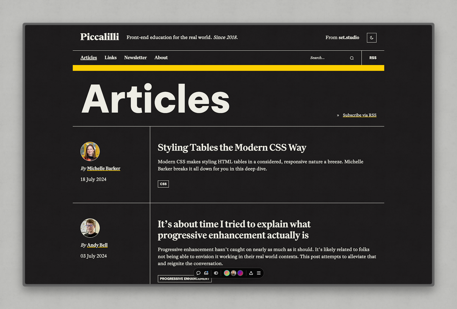 The same article feed view showing latest posts, the site header and a huge title of "Articles". This time it’s in dark mode