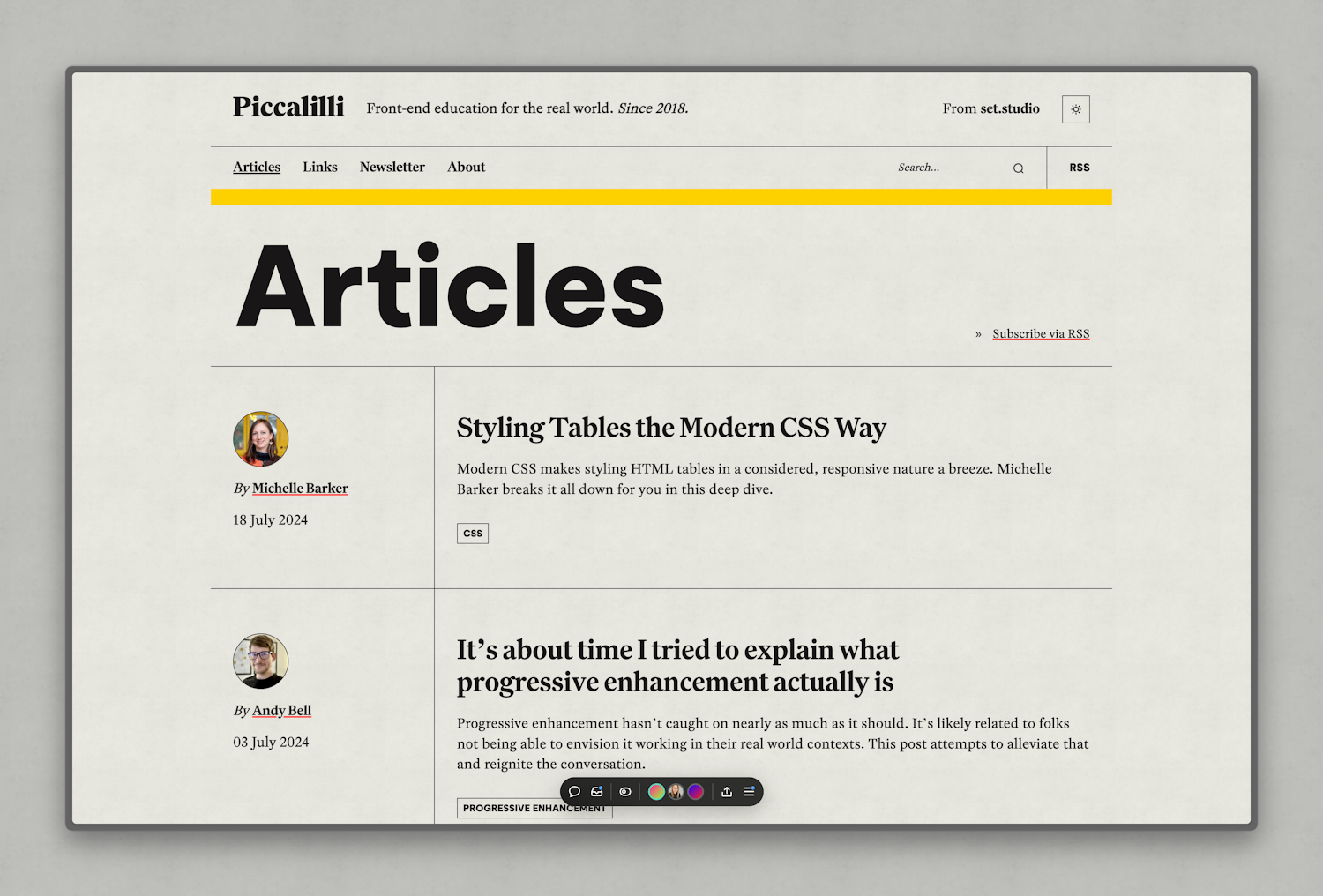 An article feed view showing latest posts, the site header and a huge title of "Articles"