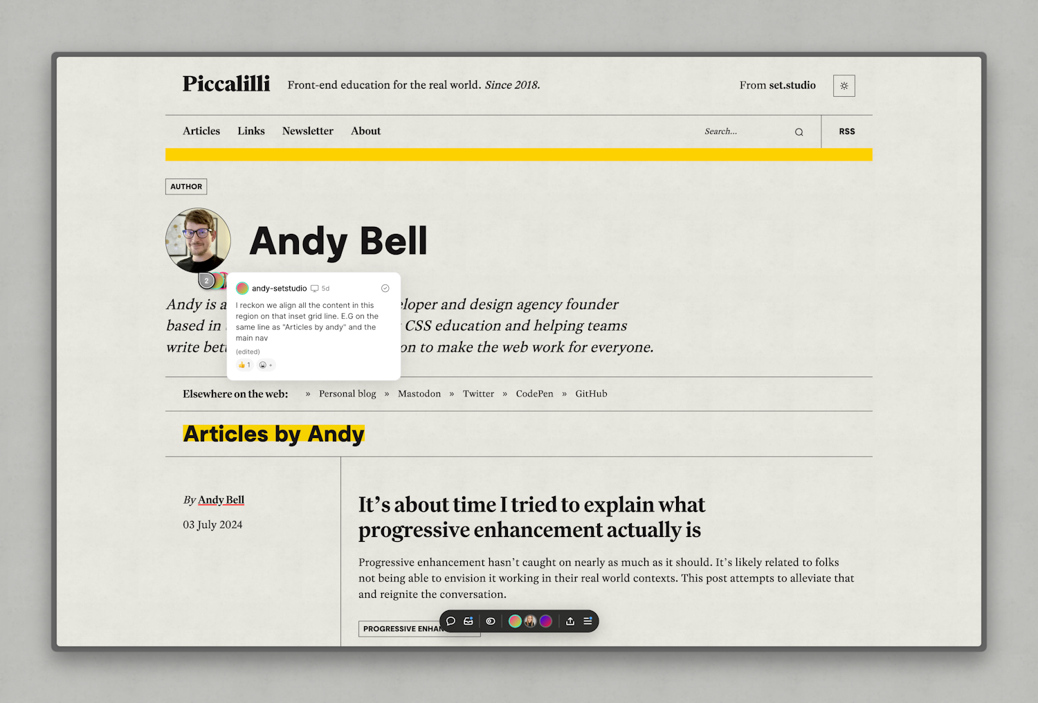 The "fold" of an author page showing author info with their profile image. There’s a comment toggled open, reading "I reckon we align all the content in this region on that inset grid line. E.G on the same line as “Articles by andy” and the main nav"