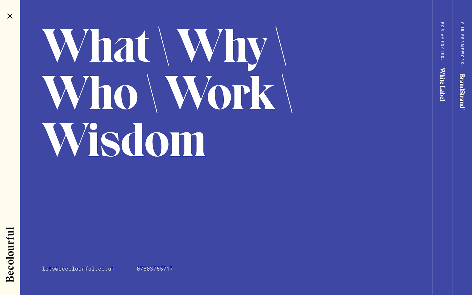 A bold blue and cream website menu with large serif text listing sections: What, Why, Who, Work, Wisdom. Sidebar contains contact details and branding elements for 'Becolourful'.