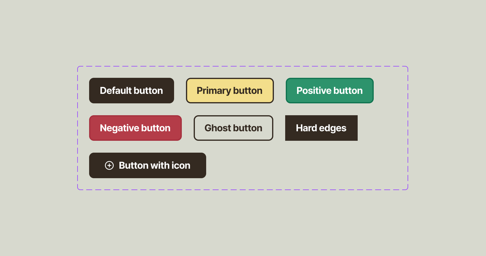 A cluster of 7 button elements. The default is off-black with round corners, followed by a yellow button with off-black border, red, green, a button with only border and transparent background, a button with hard edges and finally, a button with an icon