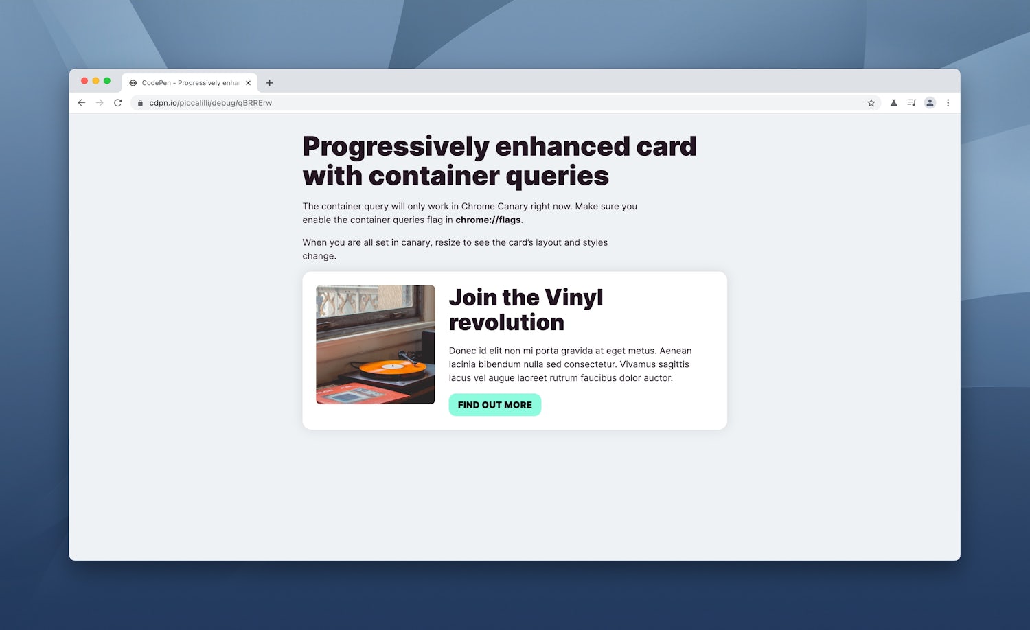The above demo in a Canary browser so the container query works. The card now has an inline layout with flexbox