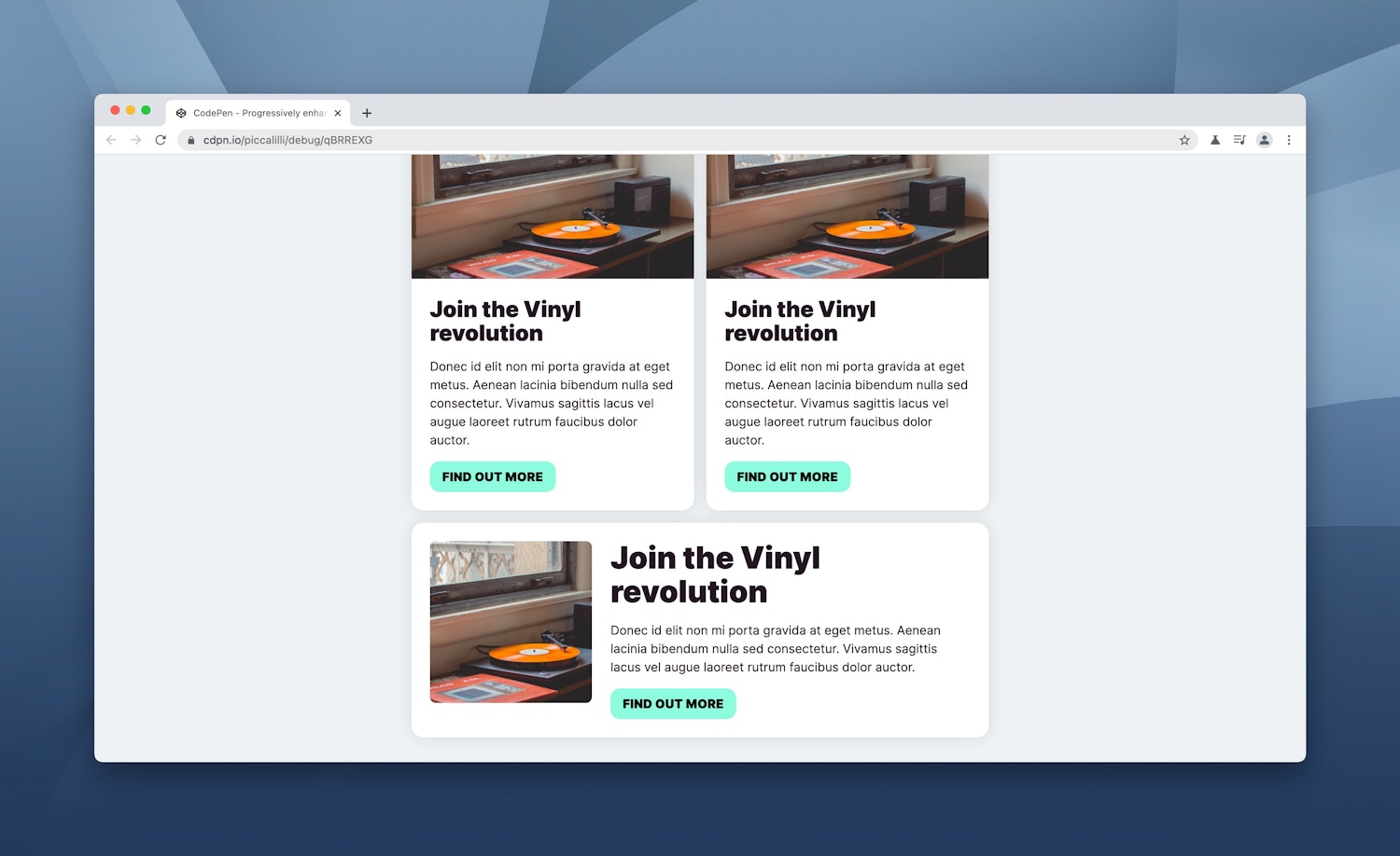 The same card in a grid context which is either stacked or inline, depending on space