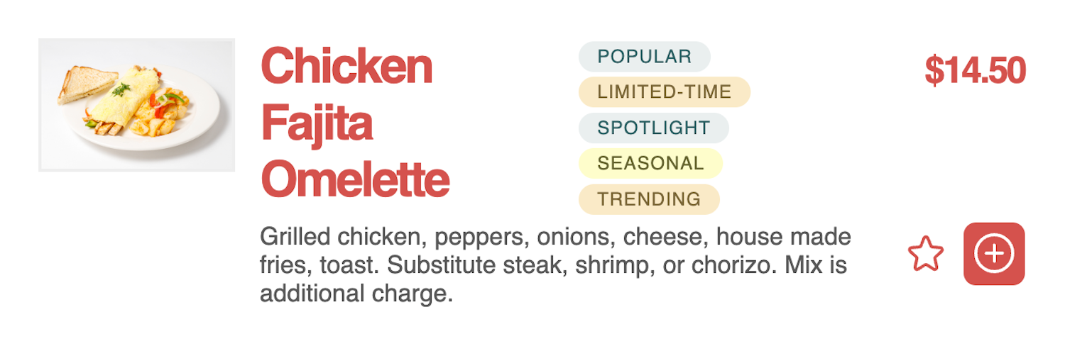 A simple list item for a chicken fajita omelette. It looks very unbalanced. There are five badges placed after the title, making the layout break. The badges are stacked vertically and float weirdly in space. The title of “Chicken Fajita Omelette” is also stacked vertically because of the available space to work with. 