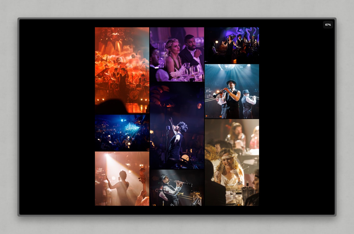 A masonry-like layout featuring various images of a 1930's inspired club with people dancing, playing instruments and having a good time