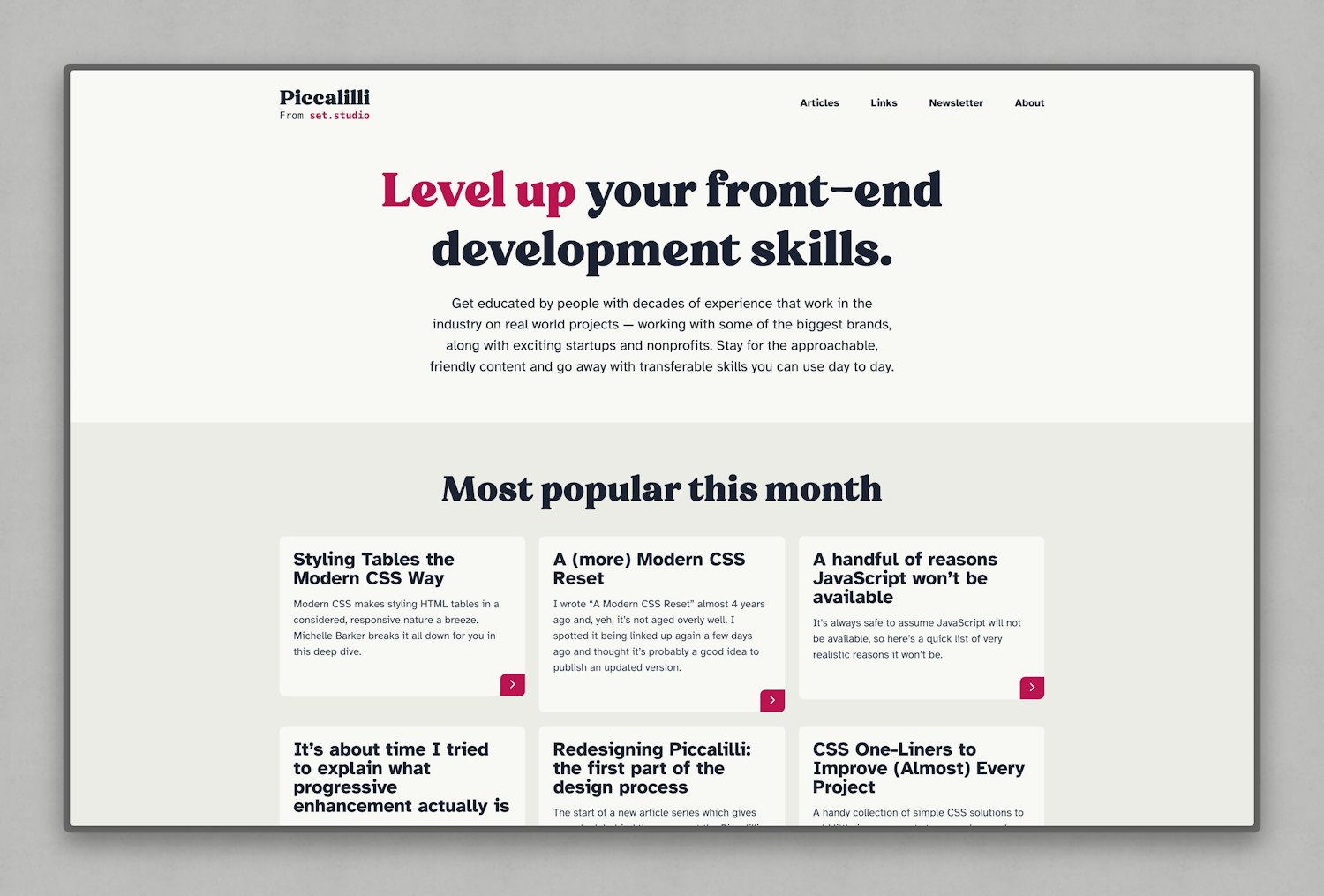 The current Piccalilli homepage that is live today and can be explored by heading to the root of this website, but is described below