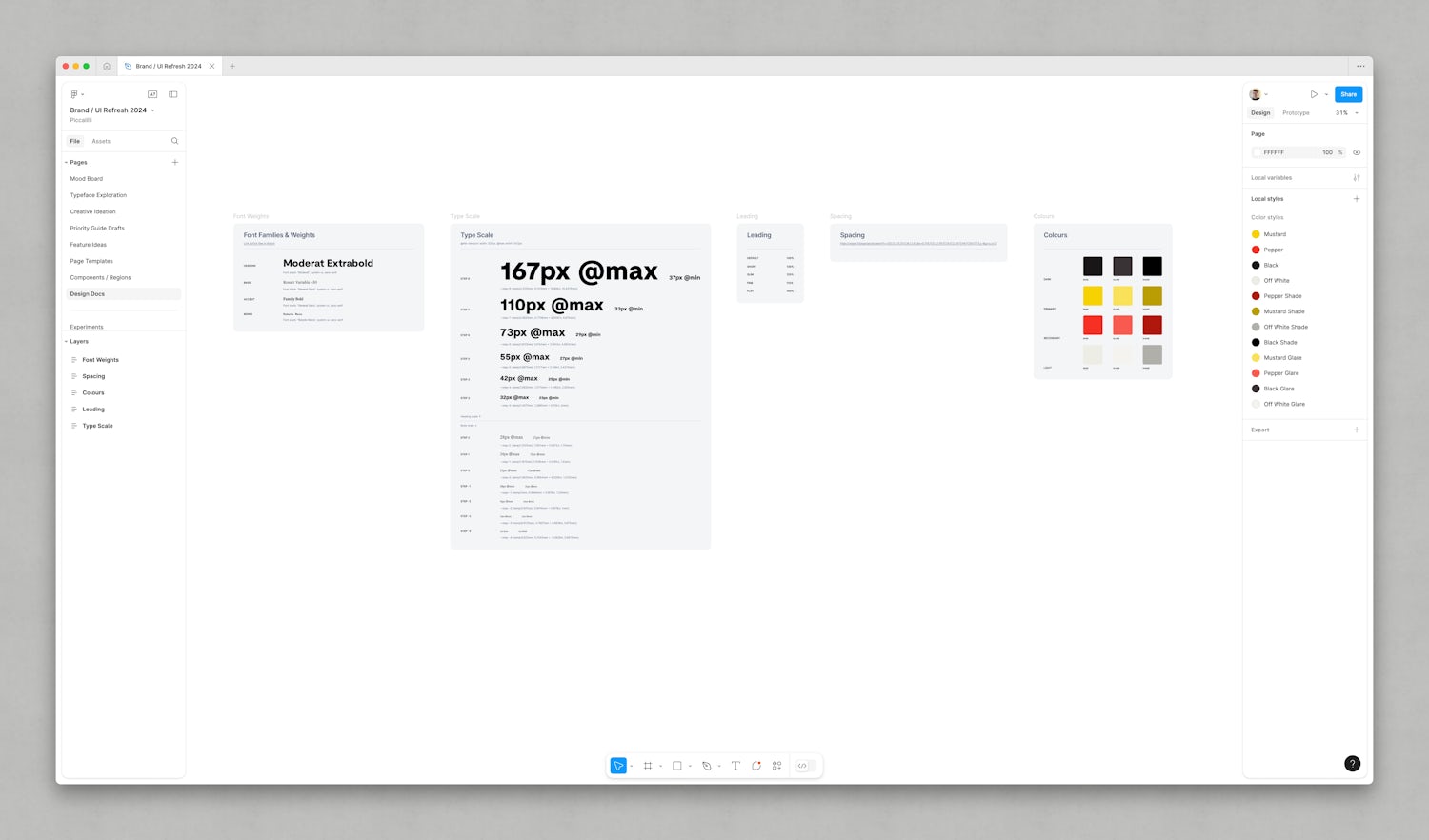 A clip of the Figma design docs board featuring typeface choices, type scales, space scale and colours