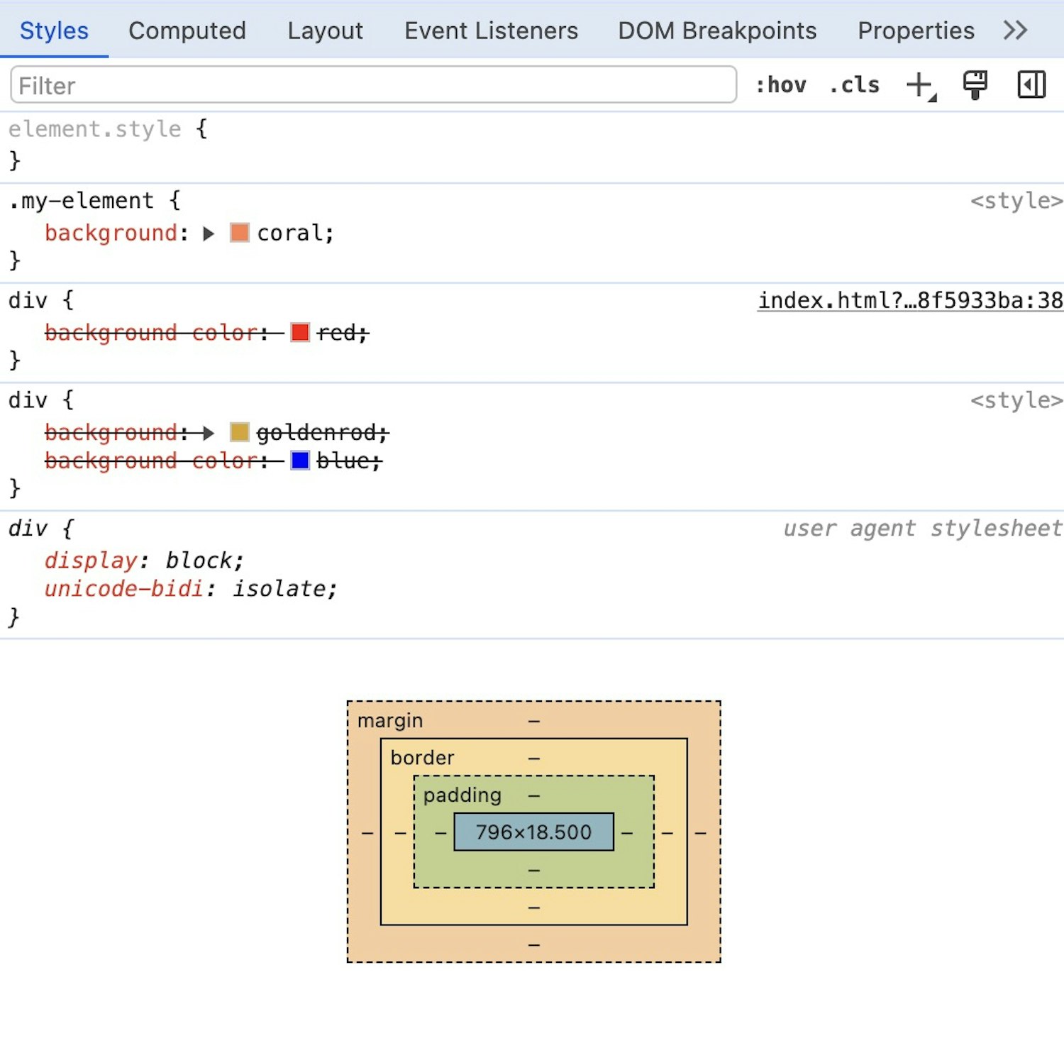 The dev tools CSS panel, showing at the top, .my-element wins. The background rules for div are being discarded because my-element is more specific