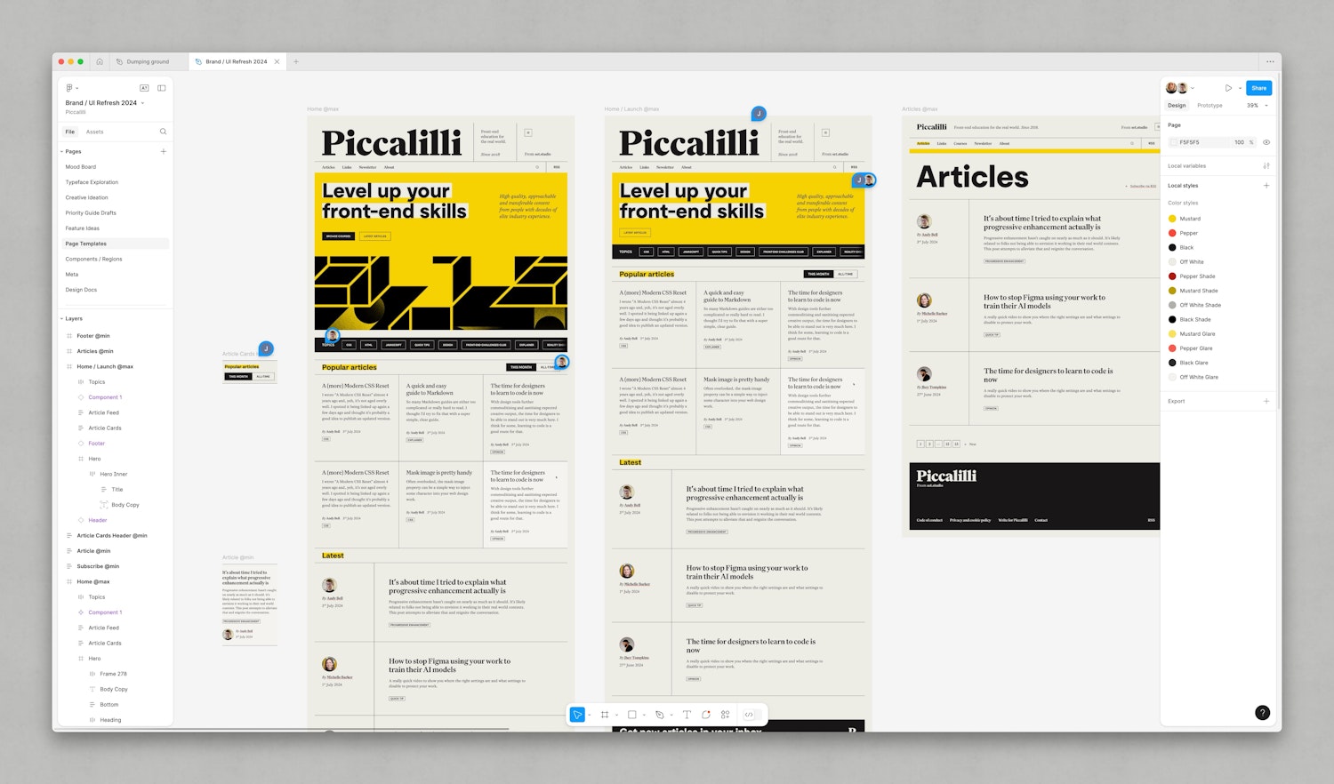 Two homepage compositions with a yellow and black colour pallete with neutral tones for the background. There’s a hero unit, topics navigation, popular posts and latest posts which is clipped by the Figma window