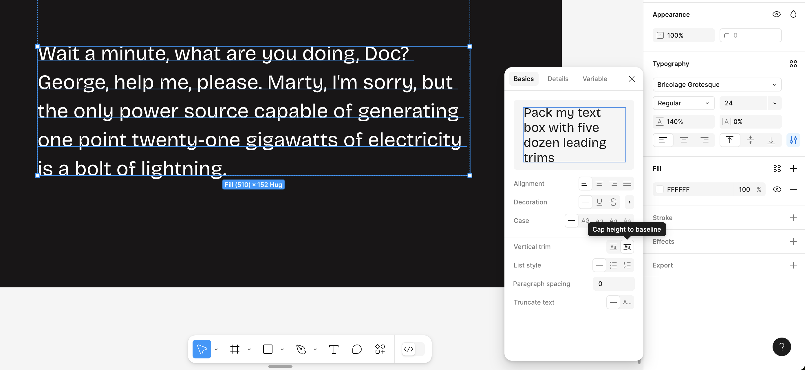 Screenshot showing Figma’s ‘Cap height to baseline’ setting, within ‘Typography > Basics > Vertical Trim’