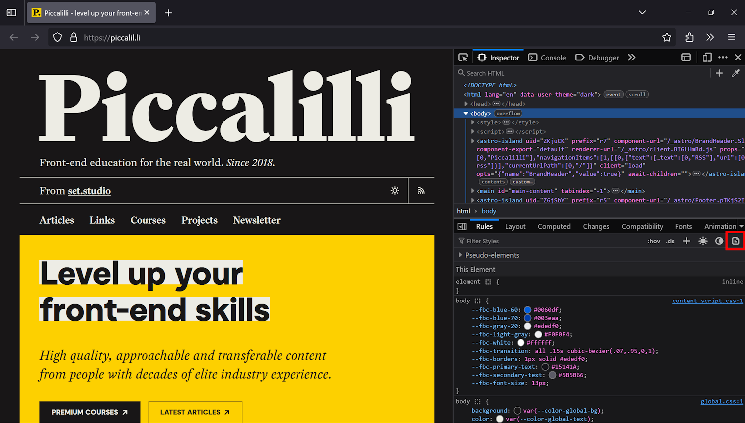 The Firefox browser with the development tools open. Under the rules section the icon for print stylesheets is circled in red. It is located next to the media simulations options for light and dark mode.