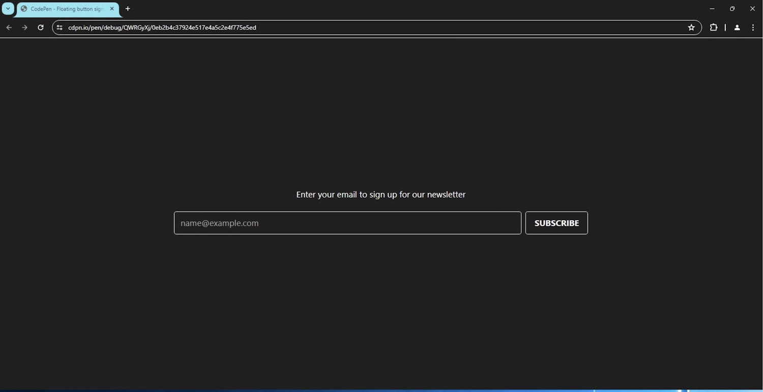 An email input and button, both with light borders on a dark background