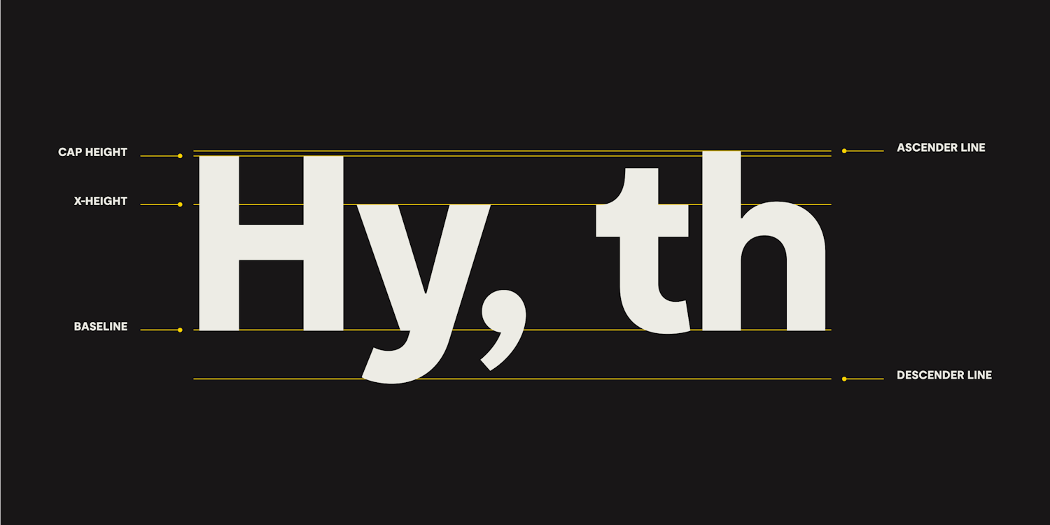 The letters ‘Hy, th’ set in large bold type, with lines showing the baseline, x-height, cap height, ascender line and descender line. The letter ‘t’ in Moderat here sits lower than the cap height