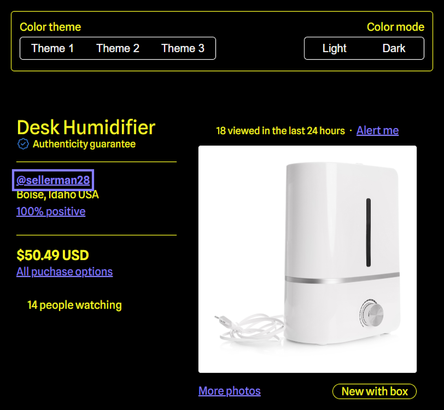 A focus ring applied to the link @sellerman28. The rest of the page is the same design used for the example Desk Humidifier product page CodePen used earlier in this post. Forced color mode has been applied, turning the design into a reduced, high-contrast suite of colors. The design now uses a black background with yellow static text and blue interactive elements. Cropped screenshot.