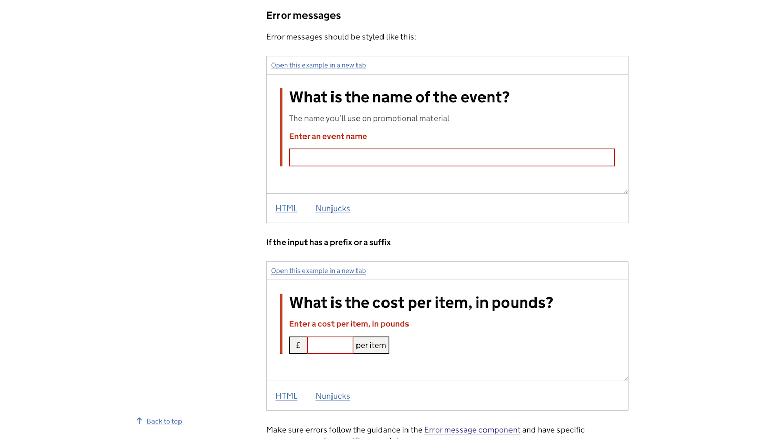 Error message examples and guidance for the text input component in the GOV.UK Design System.