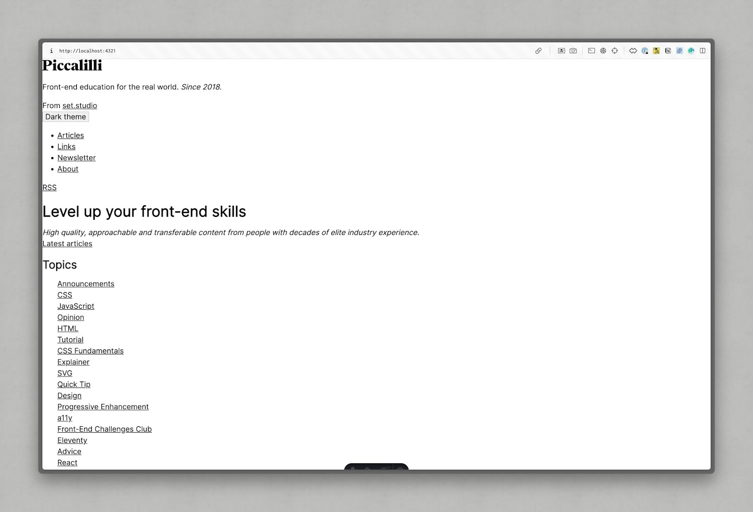 A HTML only version of the homepage, featuring header, navigation and intro, then topics navigation.