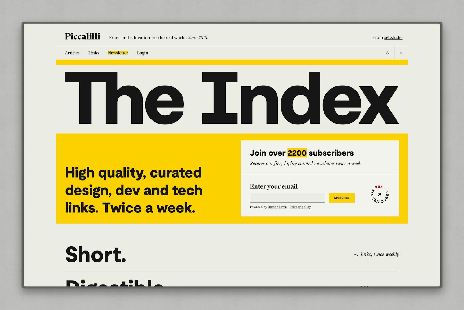 A bold, high-contrast hero section for 'The Index' newsletter, with oversized black typography, a bright yellow callout, and a signup form emphasizing high-quality, curated design and tech links twice a week.
