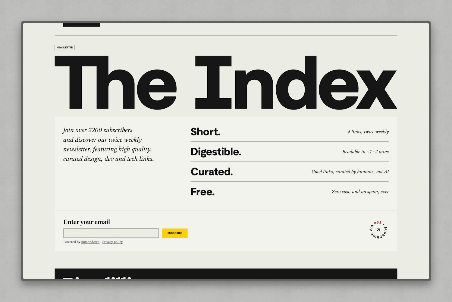 A bold, high-contrast newsletter signup component for 'The Index,' featuring oversized black typography and a structured key-value list highlighting its short, digestible, curated, and free content.