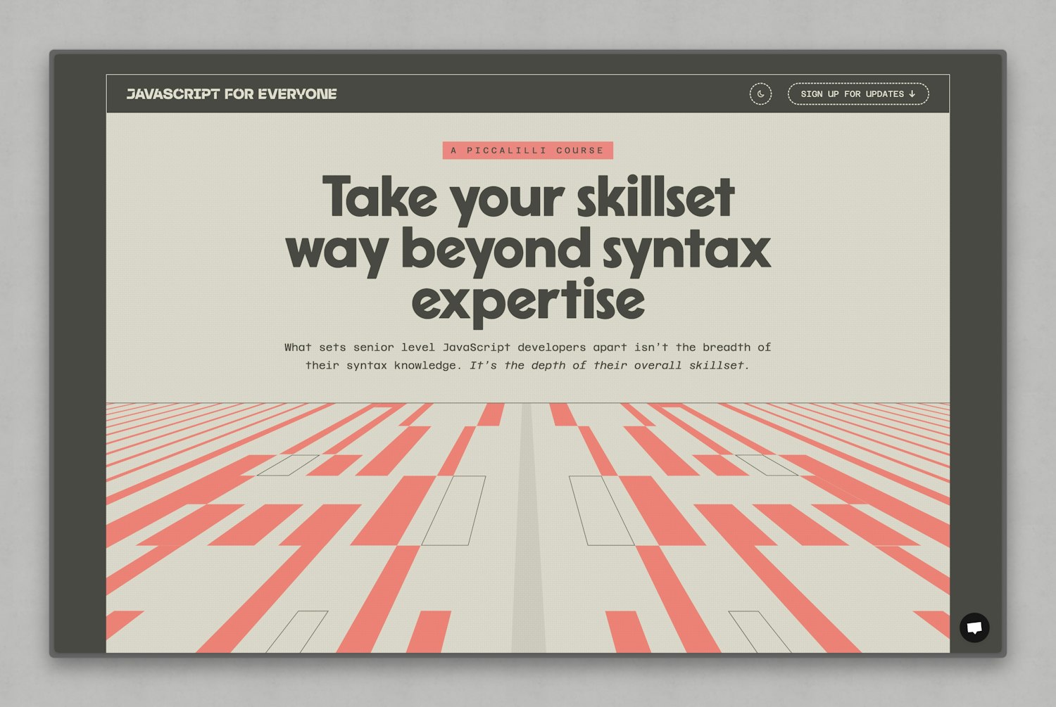 Hero section of the JavaScript for Everyone course landing page featuring the headline ‘Take your skillset way beyond syntax expertise’ in a bold display font. Below it is a subheading describing the importance of overall developer skillset. The page has a red and cream retro-styled visual background resembling circuit lines, with dark mode UI elements
