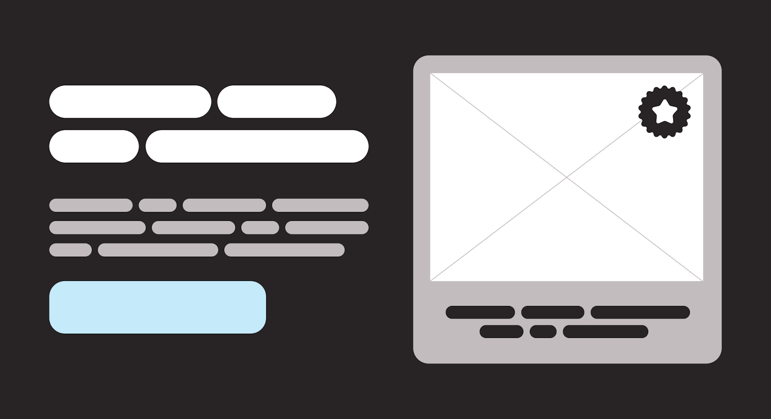 A simplified wireframe illustration that shows light placeholder text on a dark background, as well as a light blue area that suggests a call-to-action button. Next to the text is a panel with a light background and dark text. It also has a placeholder image and badge.