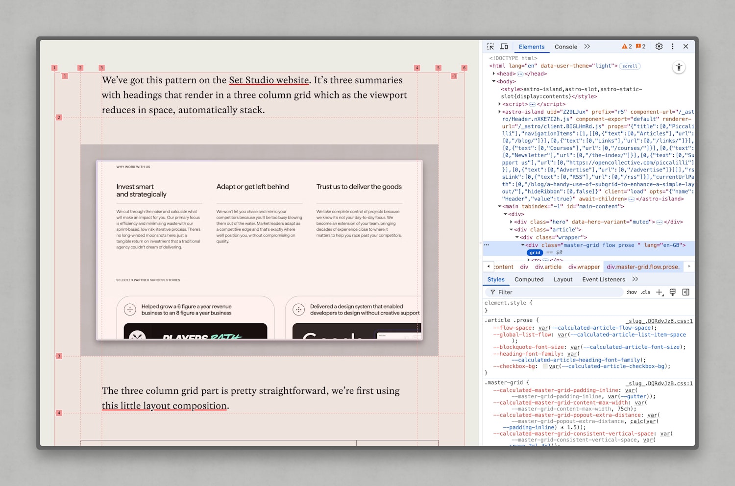 The article view with Chrome dev tools open. The grid view is enabled, showing the five column grid