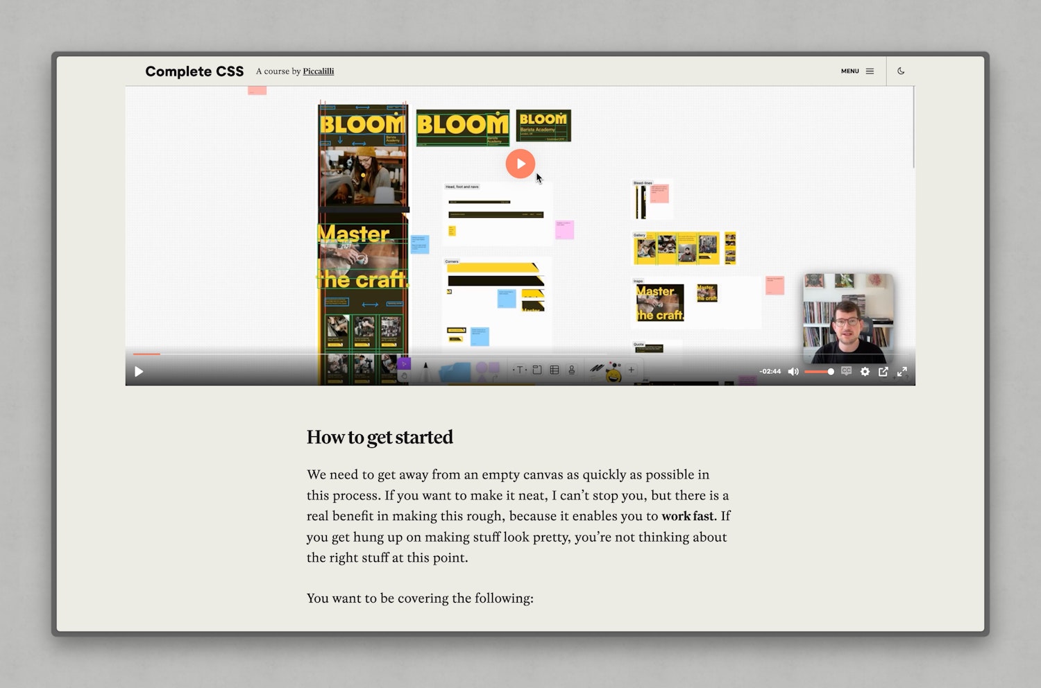 A video is full bleed demonstrated by prose content following it, in a much narrower context