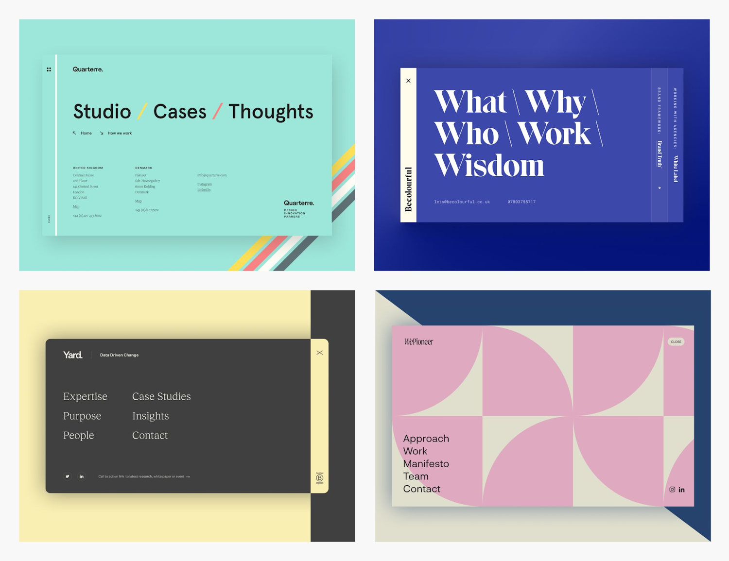 A collection of four off-screen menus, each with distinct colours and typography. Designs include pastel tones, bold serif and sans-serif fonts, and layouts featuring navigation links such as Studio, Cases, Work, and Contact.