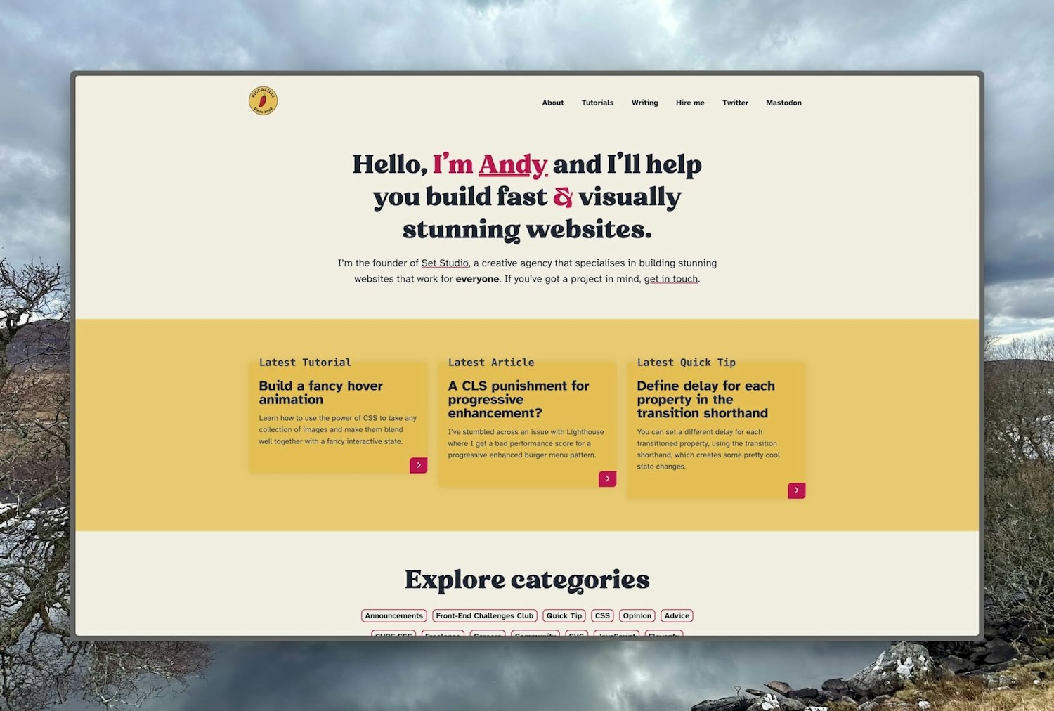 The Piccalilli homepage with a eggshell, yellow and cardinal pink colour palette, featuring the old chilli pepper brand and old content