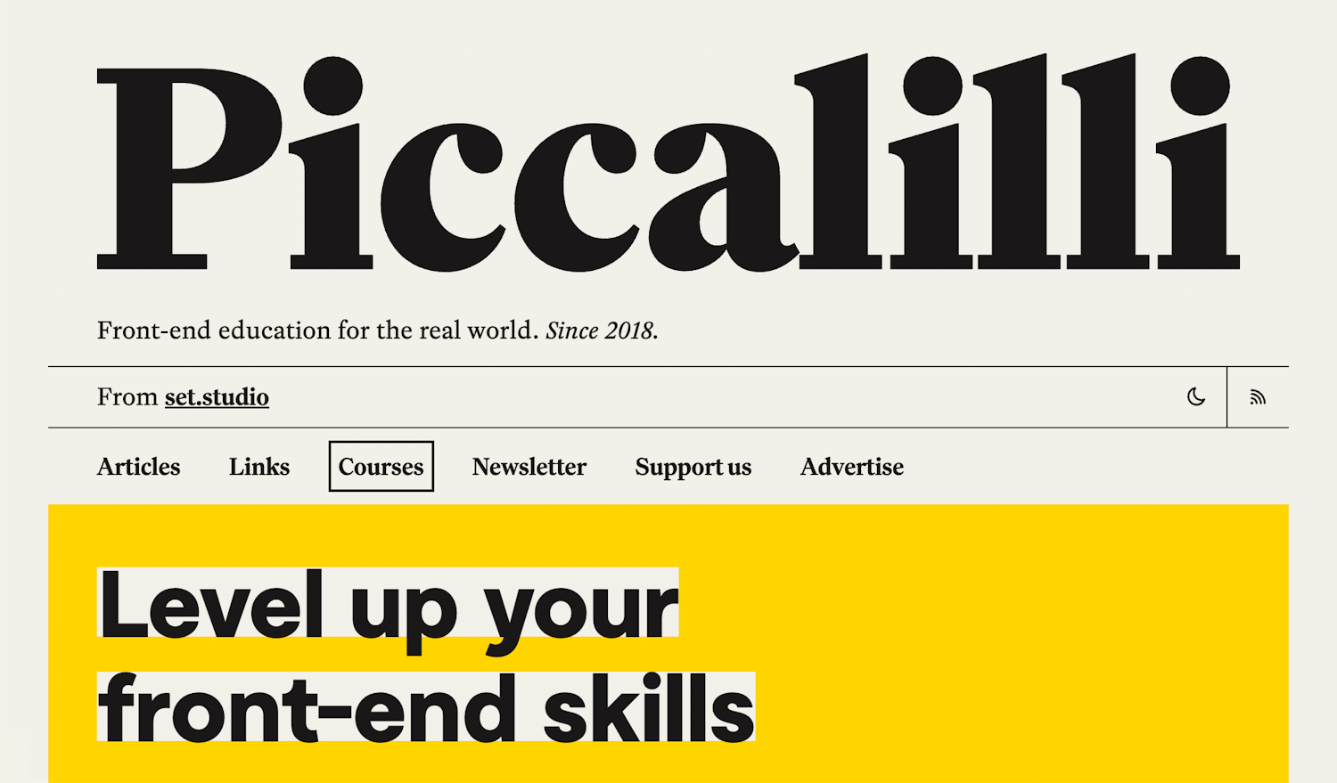 The link, “Courses” with keyboard focus set on it. Focus is rendered as a black outline on a light gray background. It is part of the primary navigation for the Piccalilli homepage. Cropped screenshot.