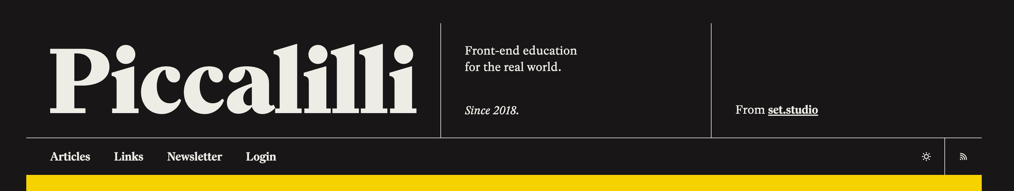 Header from this website showing the logo, tagline “Front-end education for the real world. Since 2018,” and navigation links for Articles, Links, Newsletter, and Login, all styled in a black, white, and yellow colour scheme.