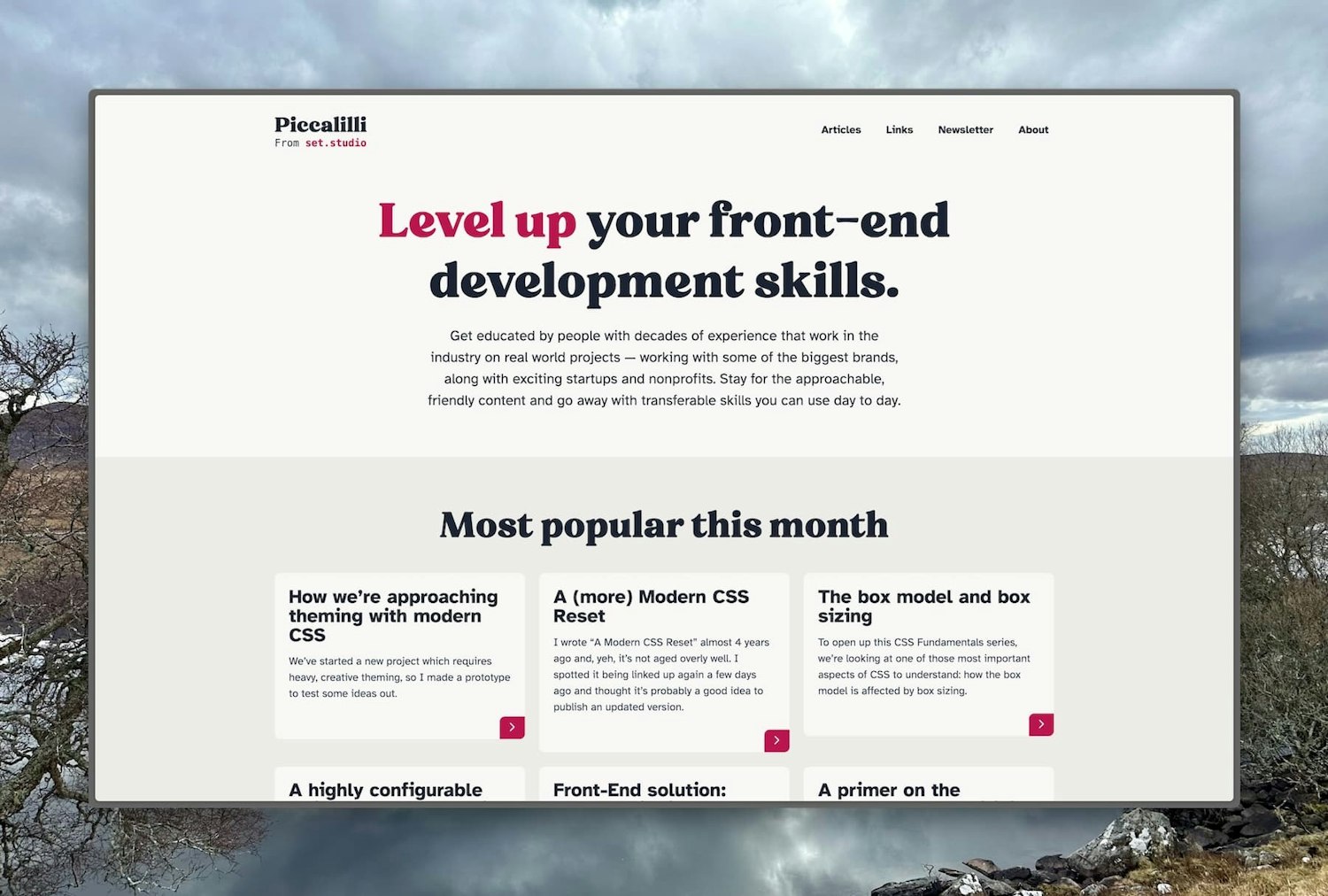 The Piccalilli homepage with a grey and cardinal pink colour palette, featuring a text only brand