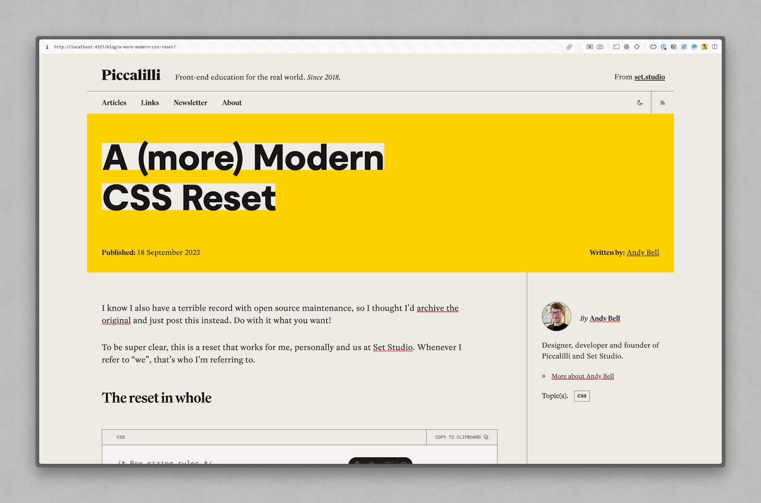 The "A (more) modern CSS reset" post, showing a full width hero, followed by the article, which is in a 75%/25% sidebar layout