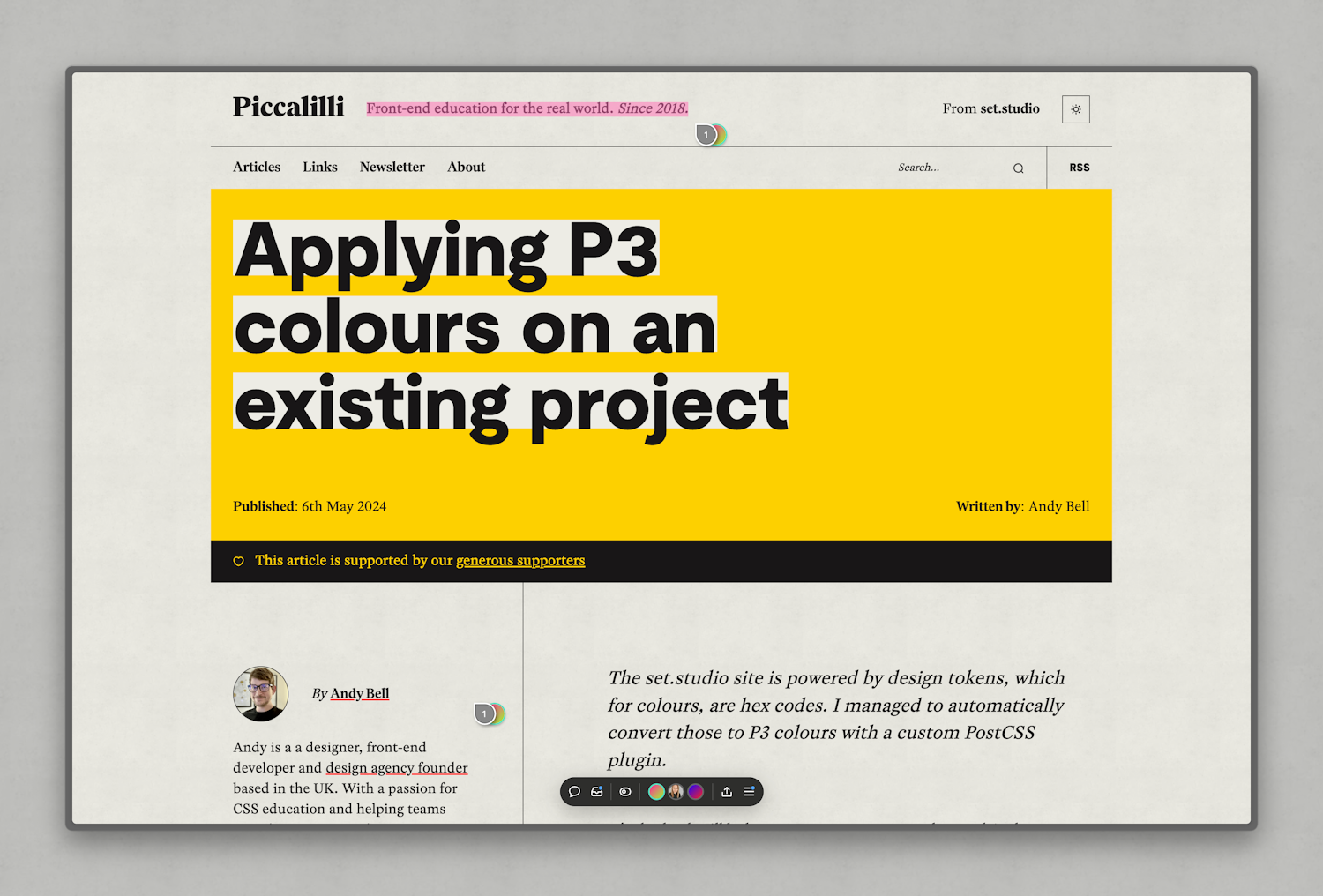 The "fold" of a post page showing a hero unit with the title, "Applying P3 colours on an existing project" along with meta info about the author