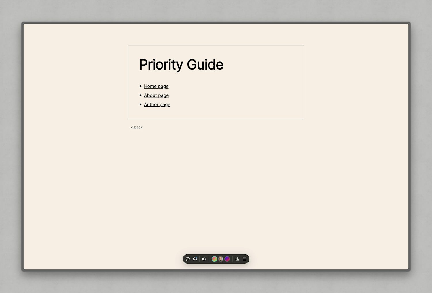 A further navigation page that lists each priority guide: home, about and author