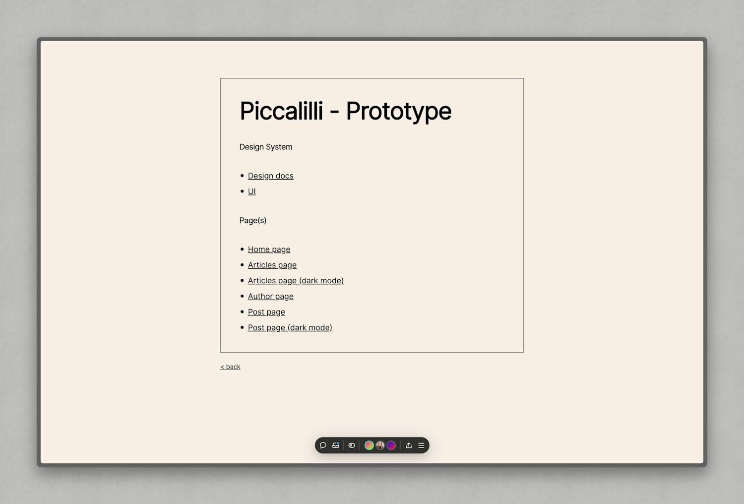 A nav page for prototypes showing links to UI reference, design docs and various page templates