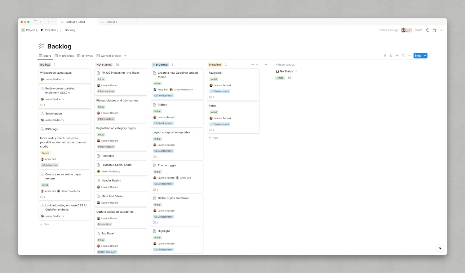 A Notion kanban with columns for Ice Box, Not Started, In Progress, In Review and Done. There are various cards in each state assigned to various people in the team