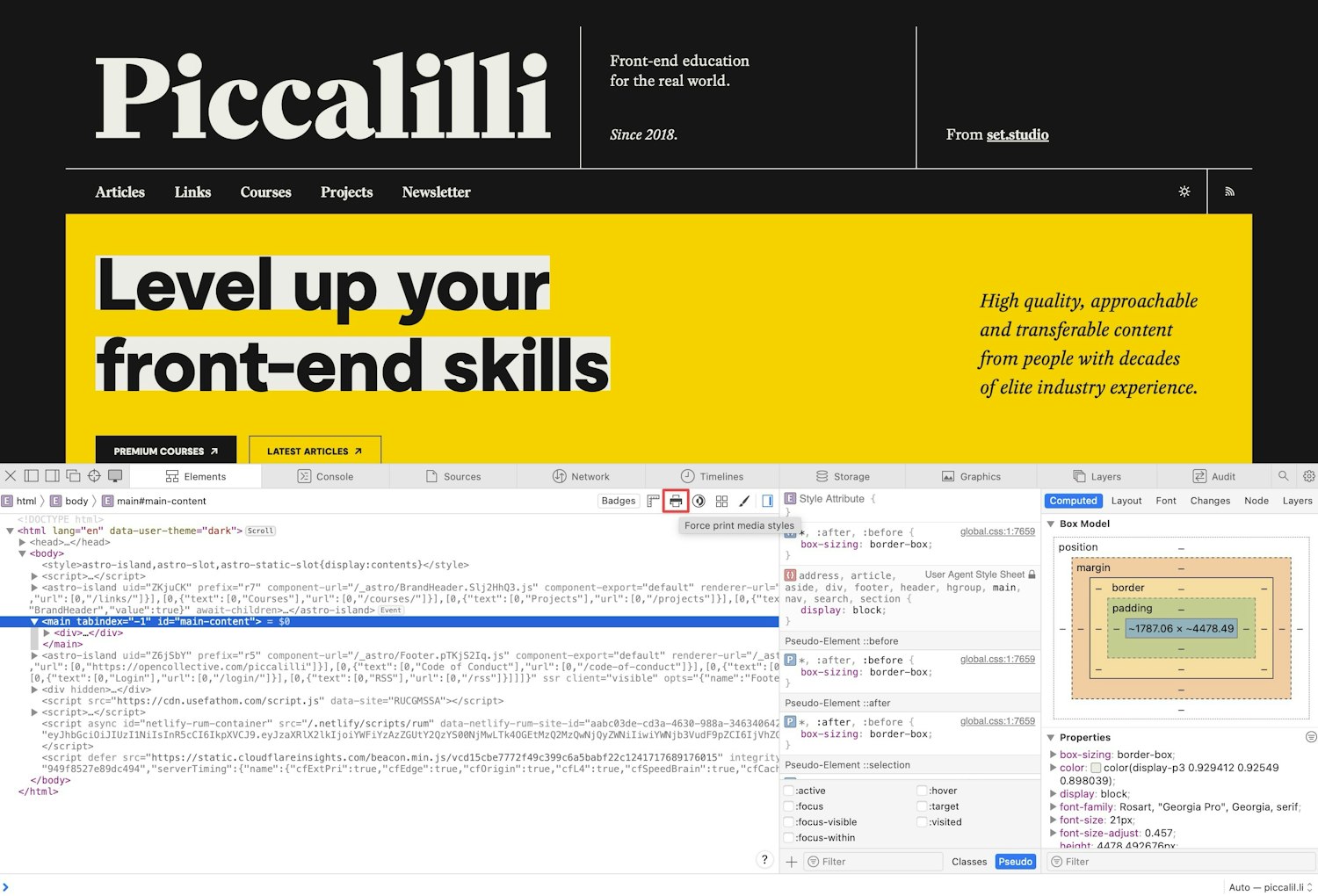 The Safari browser with the development tools open. In the dev tools, there's a printer icon that is highlighted. The 'Force print media styles' tooltip is also visible.