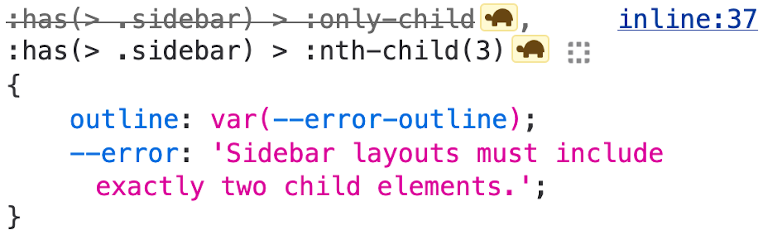 View of Firefox developer tools’ inspector. The 3rd child element is matched and the error custom property reads Sidebar layouts must include exactly two child elements.