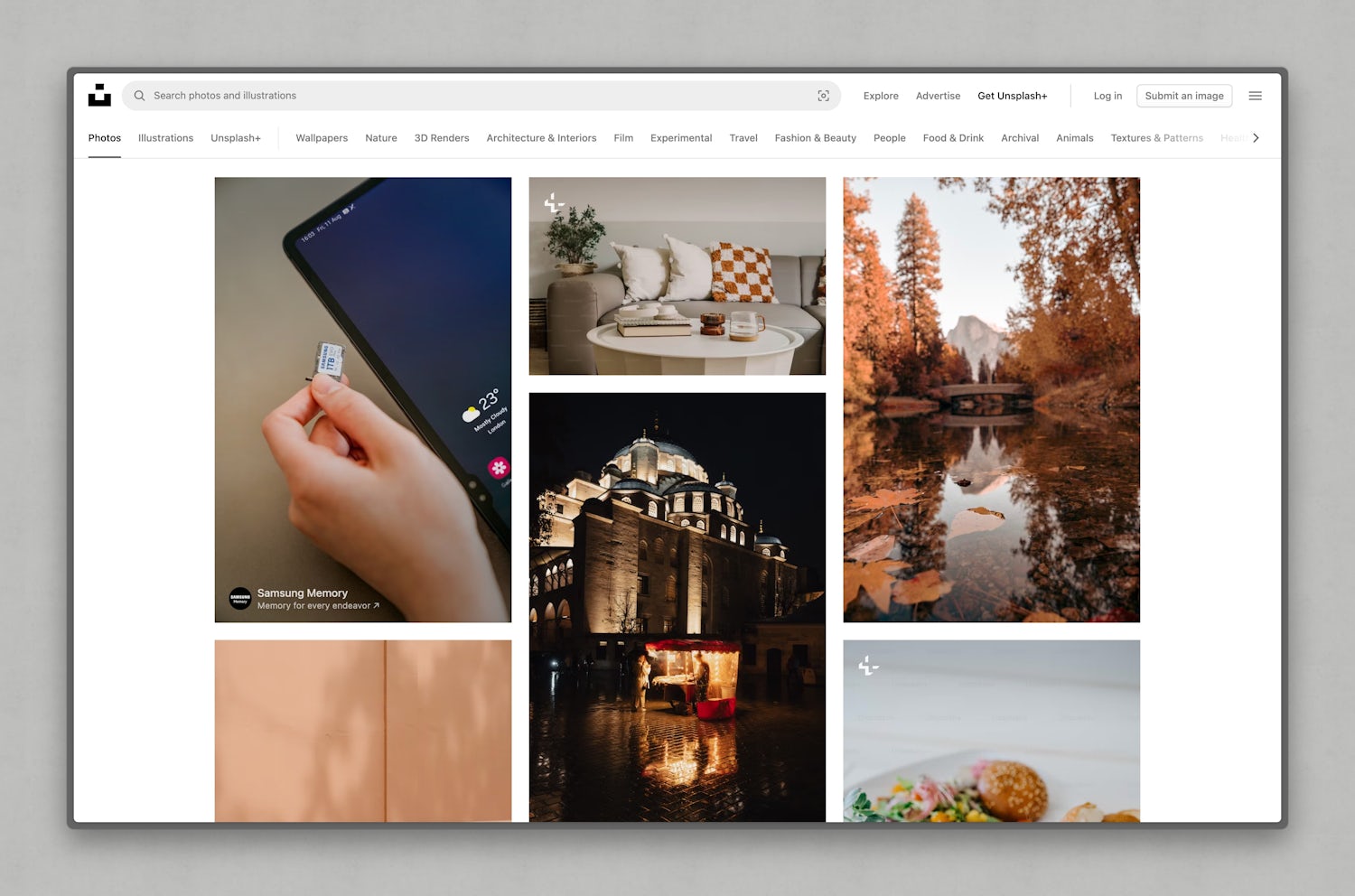 The Unsplash homepage, showing various images in a masonry-layout which packs as many images as possible into the available space