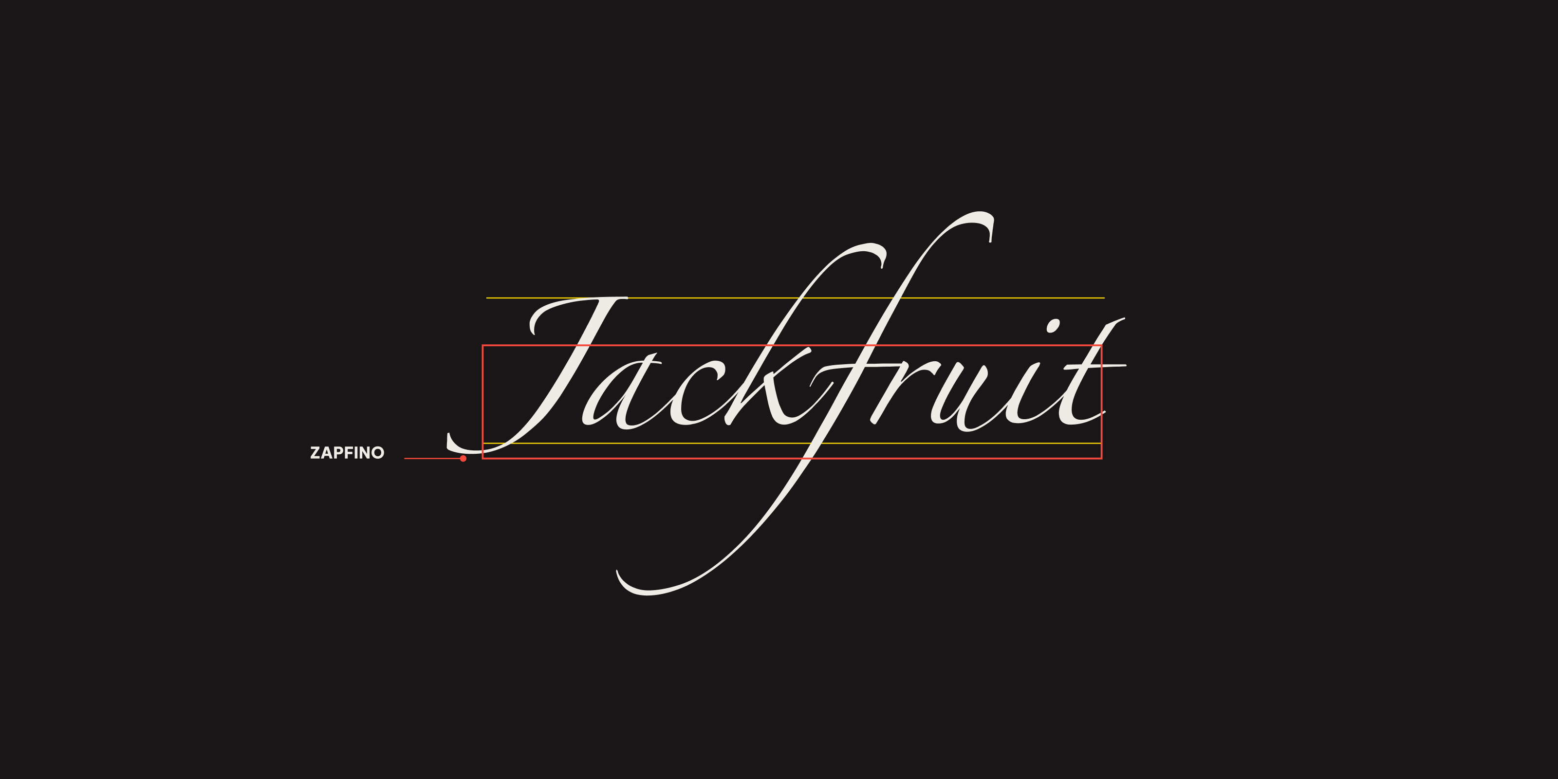 The word ‘Jackfruit’ set in the Zapfino font, with lines showing the baseline and cap height, and the text box outlined. The capital letters and ascenders and descenders extend out of the box by a significant amount