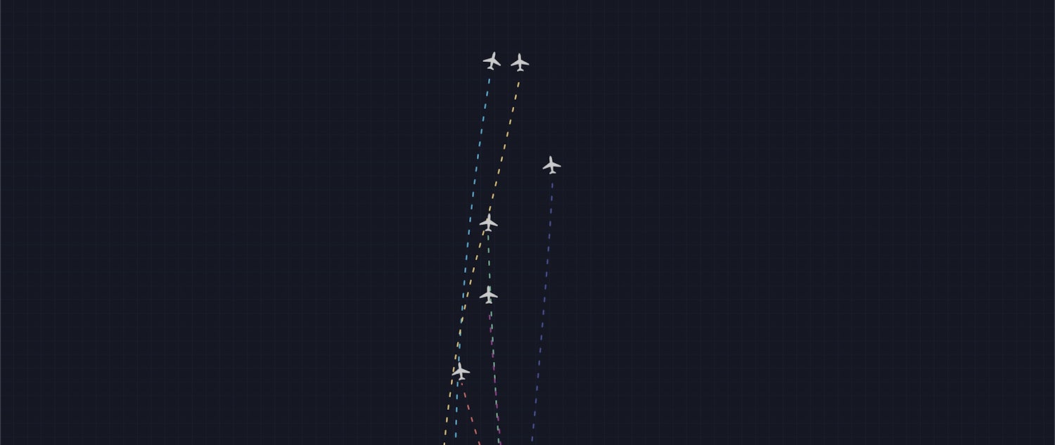 6 planes on a dark background with multicoloured trails