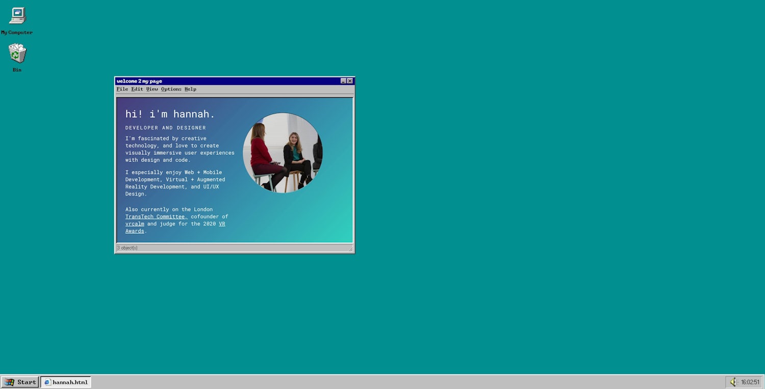 A Windows 95 style desktop with a window displaying info about Hannah