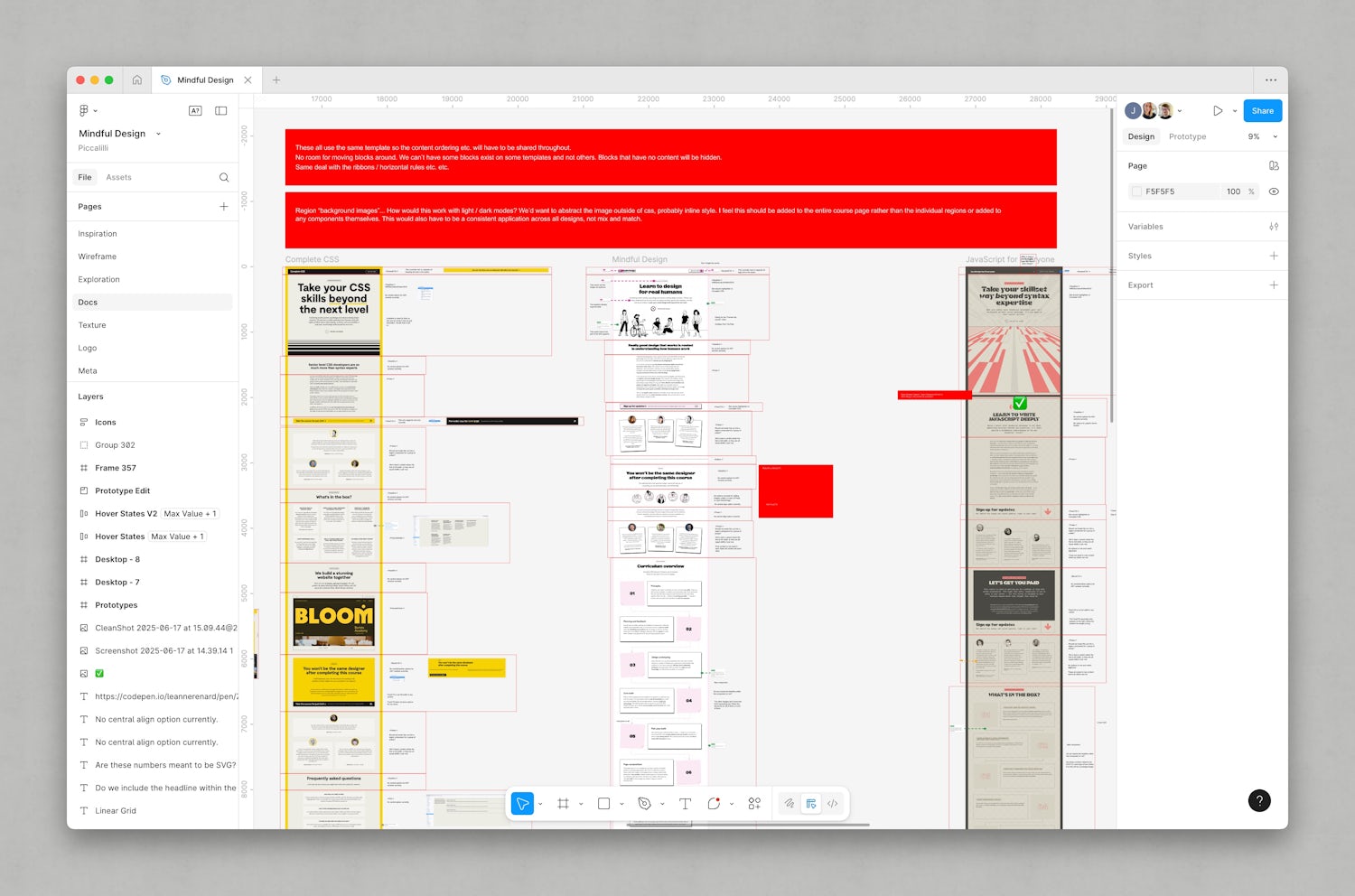 3 artboards, one for each course. Each element of the page has been outlined in red. There's lots of red boxes with annotations for each.