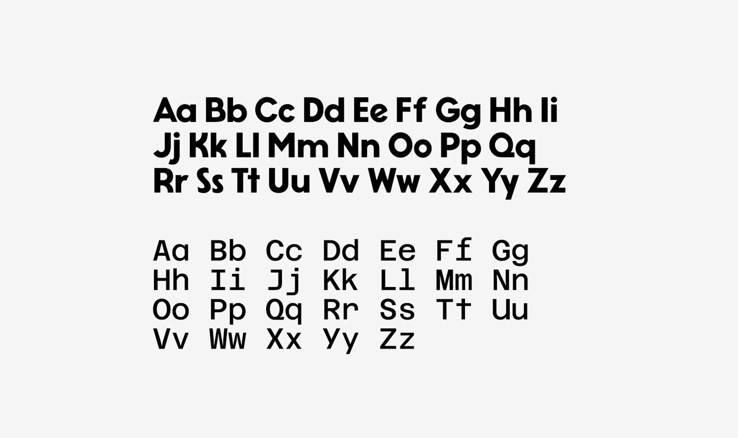 Capital and lowercase pairs for each letter of the alphabet are set in the Cartridge font at the top, and in Azeret Mono below. The image shows the similarities in letter shapes now we’re using the alternate characters.