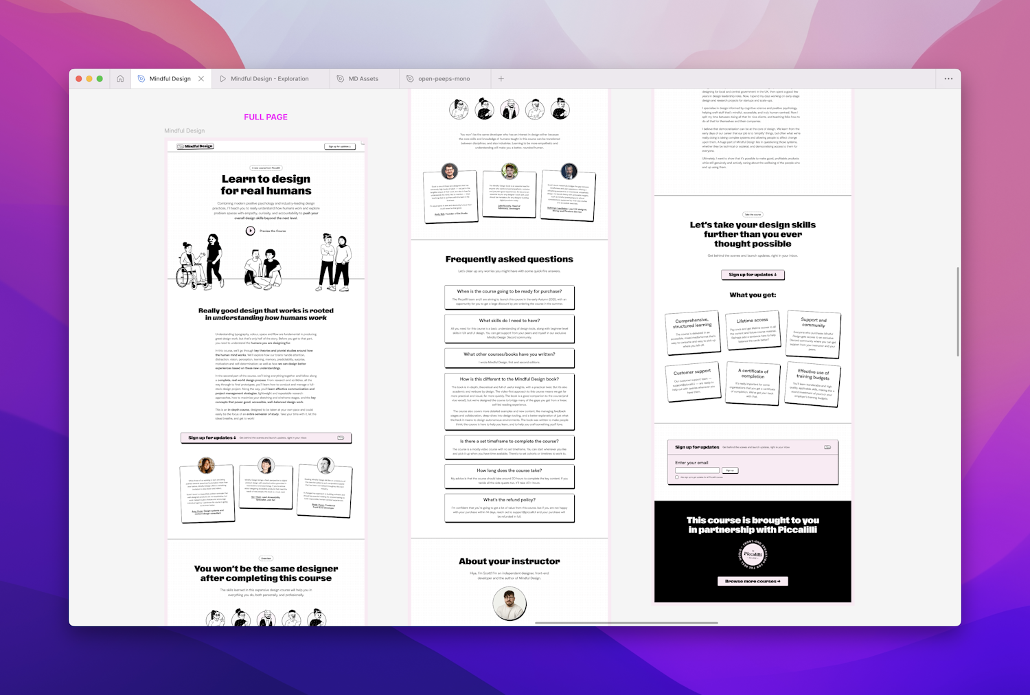 The first pass of the full course landing page design for Scott’s Mindful Design course, showing each section of the design, including hero section with the title “Learn to design for real humans”, and overview, course contents, FAQs, instructor, take the course, and call to action sections.