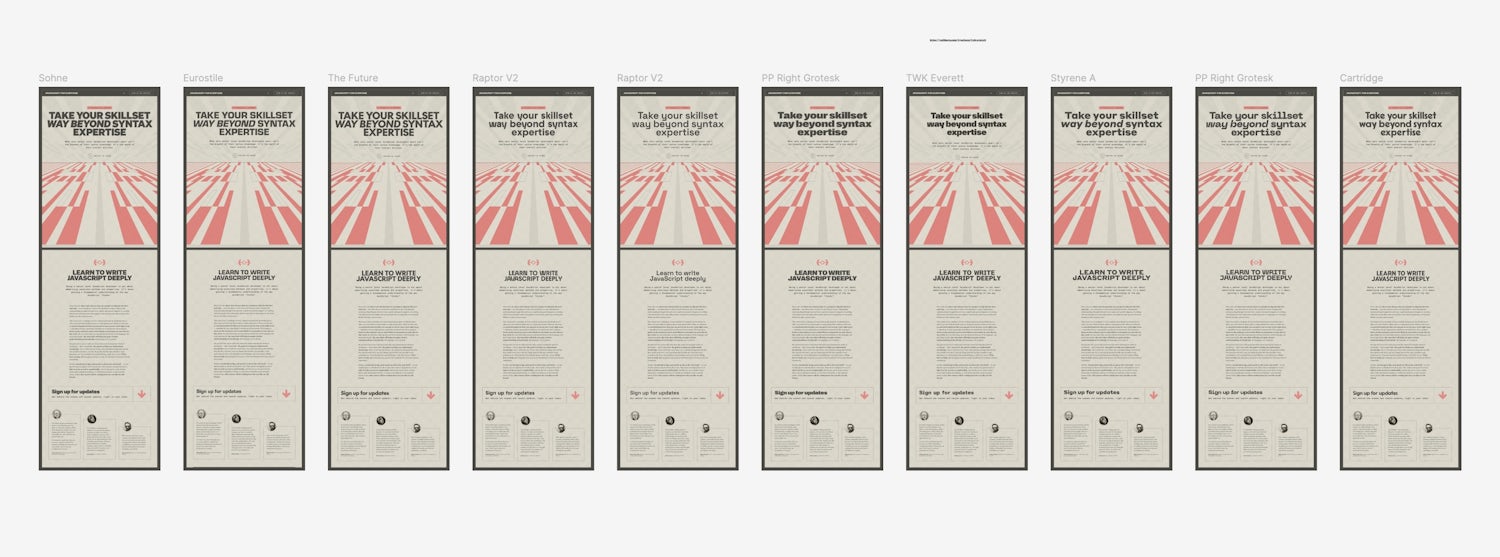 Ten different frames side by side in Figma, each with a different display font.