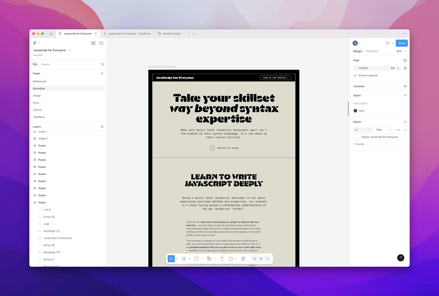 A black and off-white design in Figma shows a web page with a hero section featuring the title “Take your skillset way beyond syntax expertise”, with “way beyond” in italics for emphasis. Beneath is the headline “Learn to write JavaScript deeply” followed by some running copy.