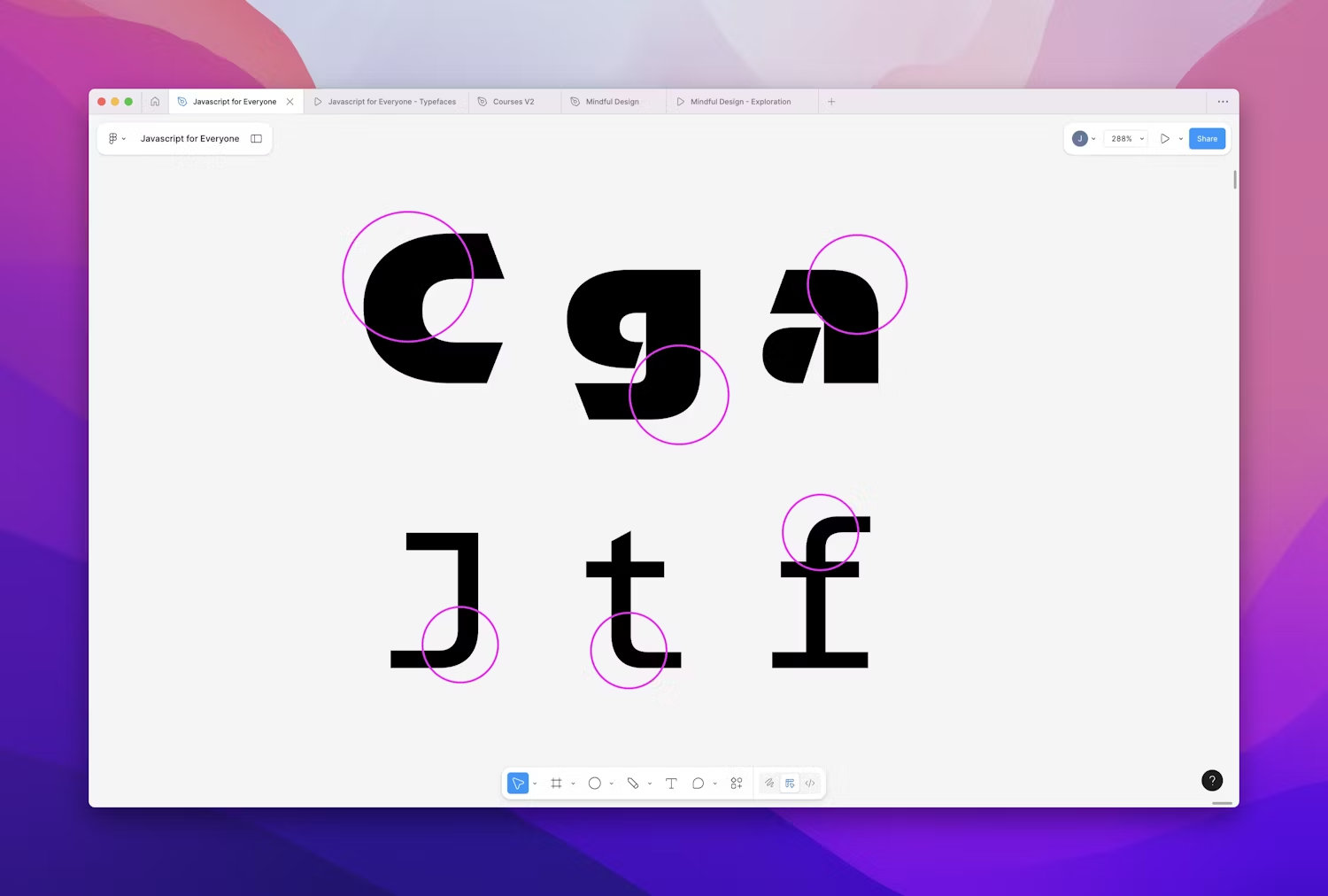 The letters C, g, and a are set in Orientation Bold, above the letters J, t and F set in Azeret Mono. The rounded corners of the letterforms within both fonts are highlighted in magenta circles.